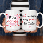 Personalized Pink Love Heart Arrow 11 oz 15 oz Ceramic Mug with Surname Text Birthday Teacher's Day Gift for Teacher