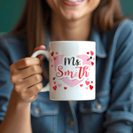 Personalized Pink Love Heart Arrow 11 oz 15 oz Ceramic Mug with Surname Text Birthday Teacher's Day Gift for Teacher