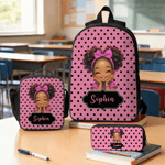 Personalized Cute Cartoon Black Girl Backpack Lunch Bag Pencil Case Set with Name Back-To-School Birthday Gift for Girls
