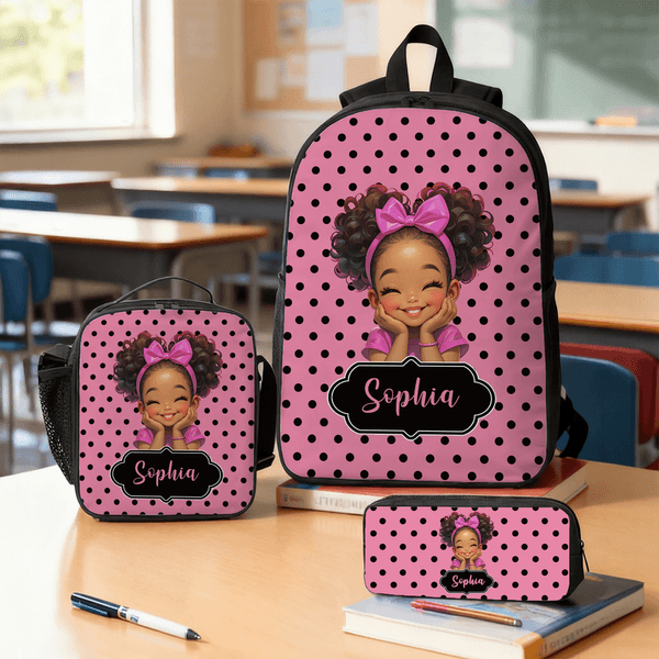 Personalized Cute Cartoon Black Girl Backpack Lunch Bag Pencil Case Set with Name Back-To-School Birthday Gift for Girls