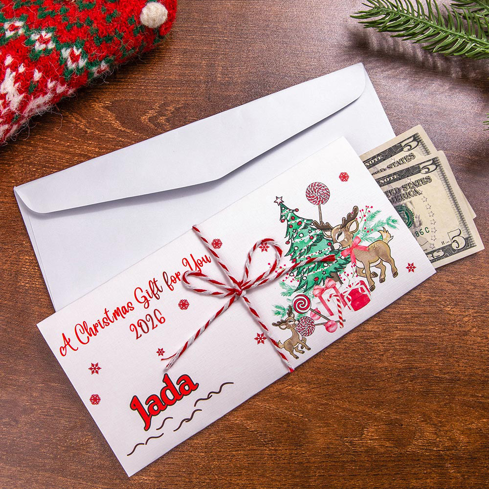 Enveloppe surprise de Noël - Porte-monnaie de Noël personnalisé avec le nom et le motif du Père Noël et de l'élan, cadeau de Noël idéal pour les enfants.