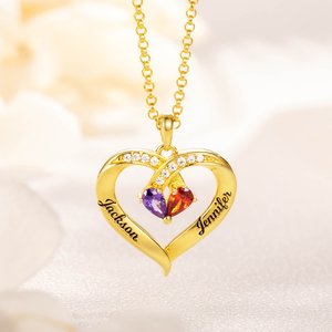 Personalised Forever Together Heart Pendant Sterling Silver Necklace with Double Birthstones and Engraved Names Valentine's Day Gift for Women