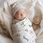 Personalised Wildflowers Swaddle Blanket Knot Hat Headband with Name Nursery Decor Baby Shower Birthday Gift for Newborn Baby