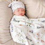 Personalised Wildflowers Swaddle Blanket Knot Hat Headband with Name Nursery Decor Baby Shower Birthday Gift for Newborn Baby