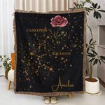 Personalised Zodiac Sign Constellation Birth Flower Soft Throw Blanket with Name and Tassel Home Decor Birthday Anniversary Gift for Family Friend