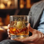 Personalized Golden Shield Initial Name 10 oz Rock Whiskey Glass Old Fashioned Anniversary Birthday Gift for Man Bartender Whiskey Enthusiast