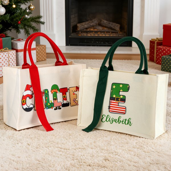 Personalised Colourful Lights Santa Claus Elk Elf Initial Reusable Canvas Tote Bag with Name and Handle Christmas Gift for Kids Family