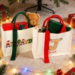 Personalized Colorful Lights Santa Claus Elk Elf Initial Reusable Canvas Tote Bag with Name and Handle Christmas Gift for Kids Family