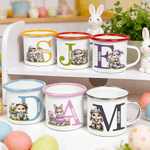 Mug émaillé coloré 355 ml personnalisé avec initiale nom et motif de lapin - Cadeau de Pâques pour les garçons et filles