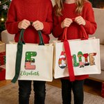 Personalized Colorful Lights Santa Claus Elk Elf Initial Reusable Canvas Tote Bag with Name and Handle Christmas Gift for Kids Family