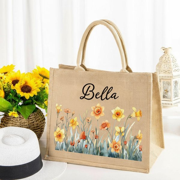 Personalisierte Jute-Tasche mit Aquarell Geburtsblumen und Namen Geburtstag Jahrestag Weihnachten Tote Bag Geschenk für Damen