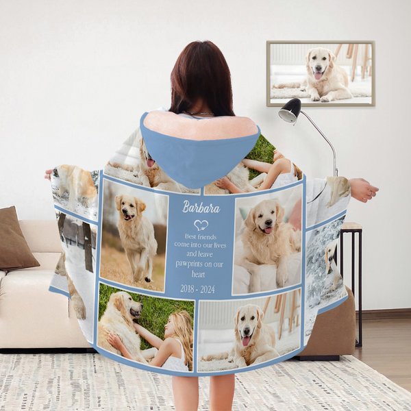 Personalisierte Herz Paw Print 10 oder 12 Hund Katze Foto-Collage Soft Hooded Decke mit Namen und Jahr Memorial Sympathie Geschenk für den Verlust von Haustier