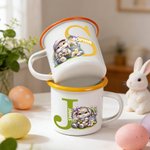 Mug émaillé coloré 355 ml personnalisé avec initiale nom et motif de lapin - Cadeau de Pâques pour les garçons et filles