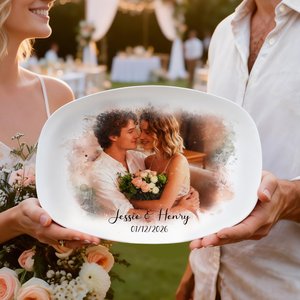 Personalised Watercolor Couple Photo Decorative Plate with Stand and Text Housewarming Valentine's Day Wedding Birthday Gift for Girlfriend Boyfriend