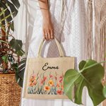 Personalisierte Jute-Tasche mit Aquarell Geburtsblumen und Namen Geburtstag Jahrestag Weihnachten Tote Bag Geschenk für Damen