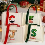 Personalized Colorful Lights Santa Claus Elk Elf Initial Reusable Canvas Tote Bag with Name and Handle Christmas Gift for Kids Family
