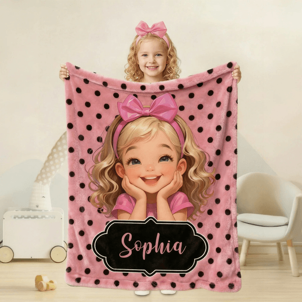Personalized Polka Dots Cute Cartoon Little Girl Blanket with Name, Flannel/Sherpa Soft Bed Couch Throw, Birthday/Christmas Gift for Girls