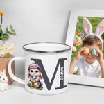 Mug émaillé coloré 355 ml personnalisé avec initiale nom et motif de lapin - Cadeau de Pâques pour les garçons et filles