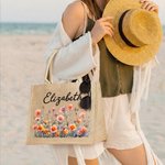 Personalised Birth Flower Large Jute Tote Bag with Name Birthday Anniversary Christmas Gift for Women