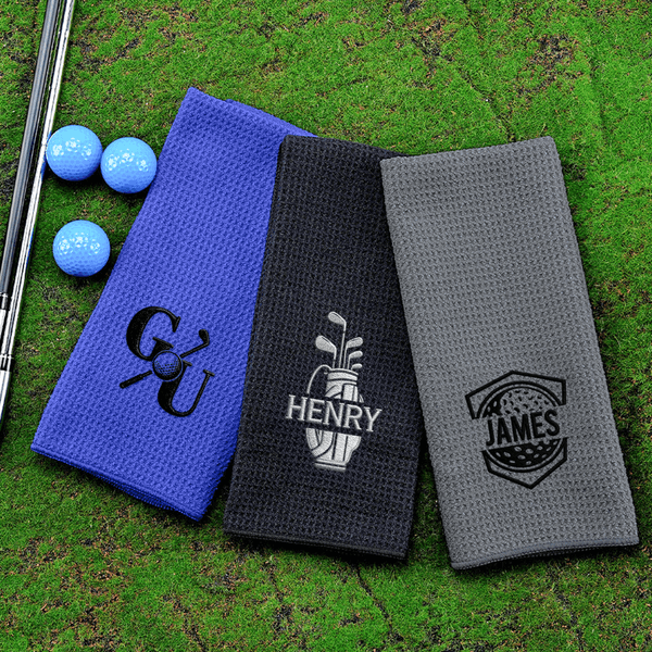Personalized Embroidered Golf Theme Design Waffle Sport Towel with Name Initial and Carabiner Clip Golf Club Daily Training Gift for Golf Lovers