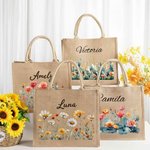 Personalised Birth Flower Large Jute Tote Bag with Name Birthday Anniversary Christmas Gift for Women