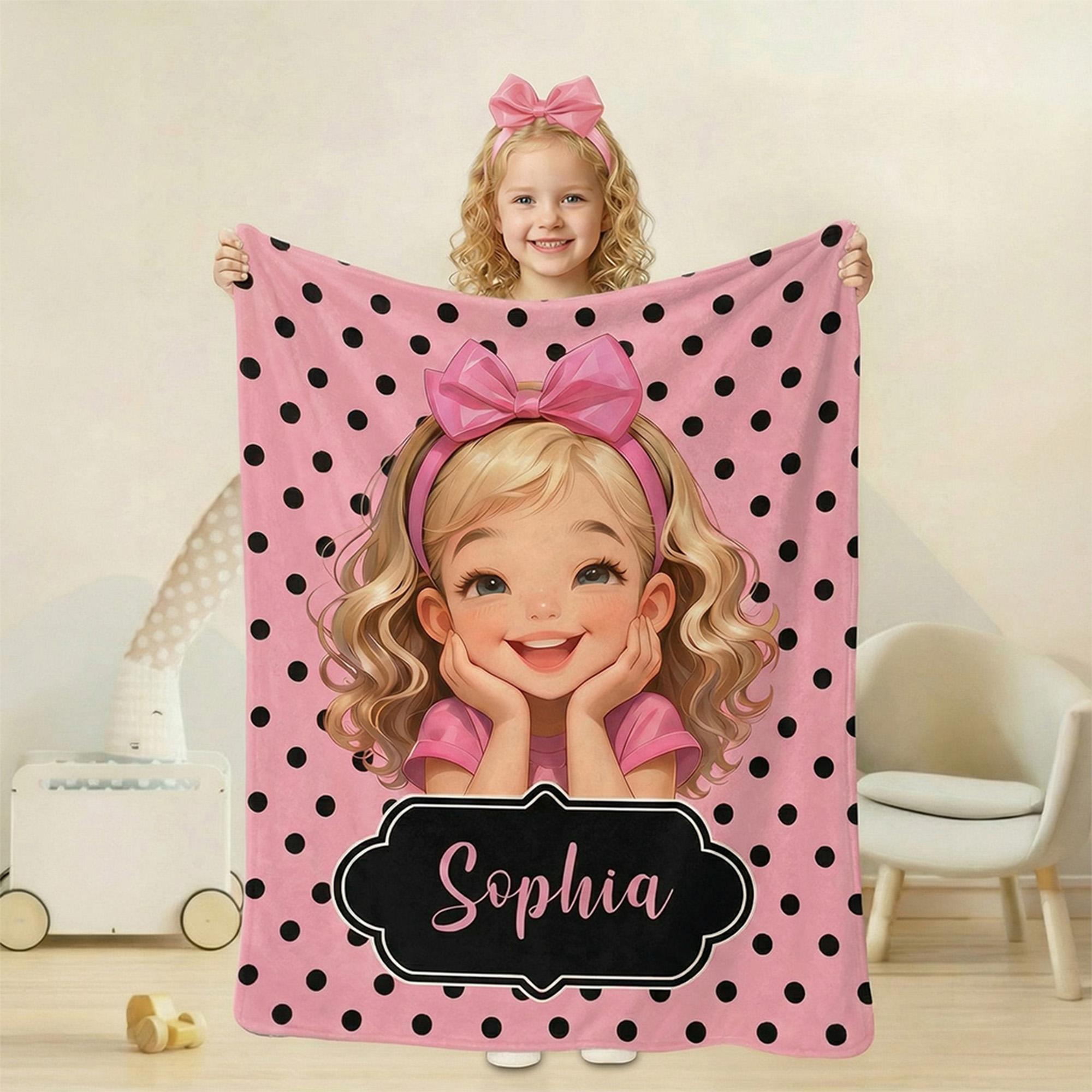 Couverture douce personnalisée avec nom et motif - Style de motif à pois et fille chibi - Cadeau d'anniversaire pour les filles