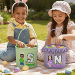 Personalised Cartoon Character Easter Basket with Name and Initial Easter Eggs Hunting Party Favor Gift for Boys Girls