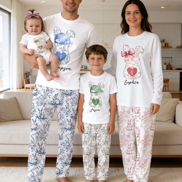 Personalised Toile De Jouy Easter Bunny Drawstring Pants Matching Lounge Pajamas Set with Name and Initial Funny Easter Holiday Gift for Family Kids