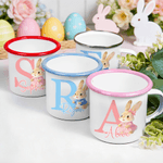 Personalised Cute Easter Bunny Initial 12 oz Coloured Rim Enamel Mug with Name Easter Birthday Gift for Boys Girls