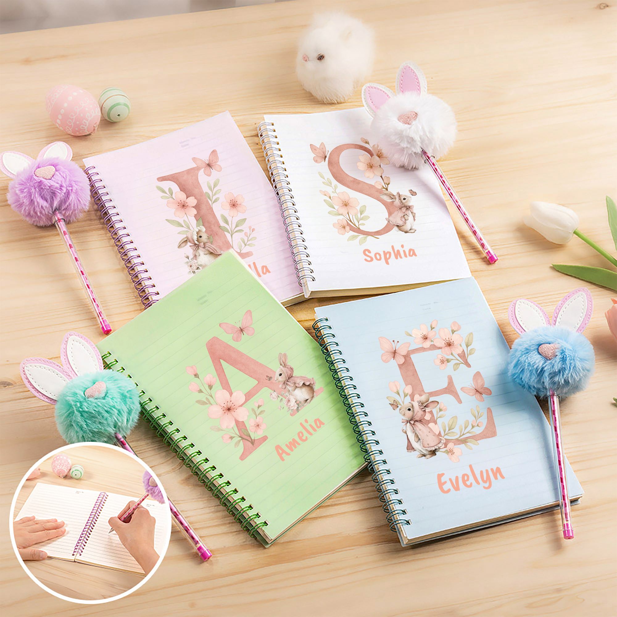 Cahier à spirales A5 et stylo Pom Puff avec pages lignées Cadeau de Pâques pour garçons filles