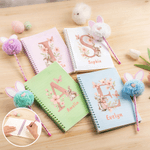 Personalized Watercolor Style Rabbit Flower Name A5 Spiral Notebook and Pom Puff Pen Set with Lined Pages Easter Gift for Boys Girls