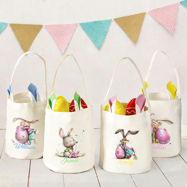 Personalized Cute Easter Bunny Egg Bunny Ears Basket with Name Easter Eggs Hunting Party Favors Gift for Boys Girls
