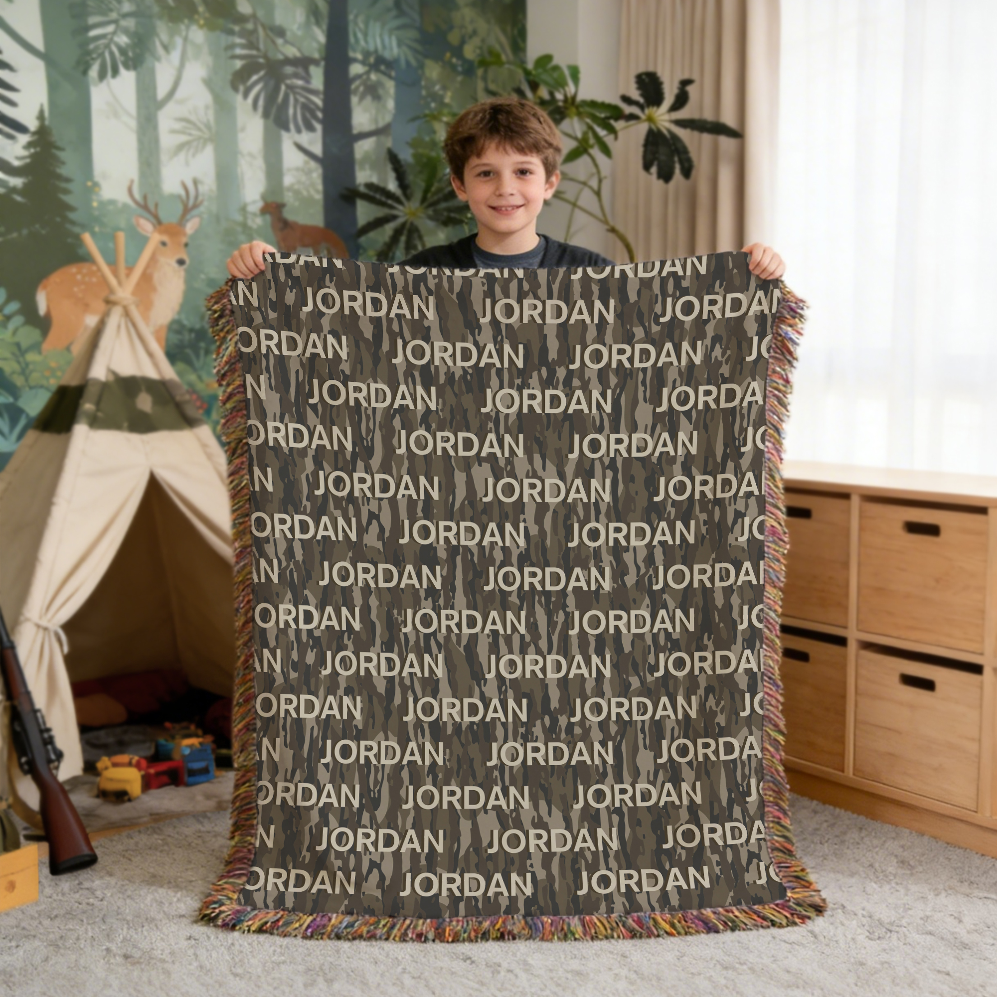 Couverture à franges personnalisée avec nom pour la décoration de la maison Cadeau d'anniversaire pour les garçons amoureux de la chasse et du camping