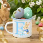 Personalised Cute Easter Bunny Initial 12 oz Coloured Rim Enamel Mug with Name Easter Birthday Gift for Boys Girls