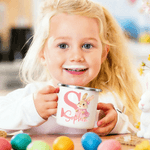 Personalised Cute Easter Bunny Initial 12 oz Coloured Rim Enamel Mug with Name Easter Birthday Gift for Boys Girls