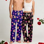 Personalised Lip Heart XOXO Design Face Photo Soft Skin-Friendly Long Pyjama Bottoms with Drawstring Valentine's Day Birthday Gift for Women Men Couples