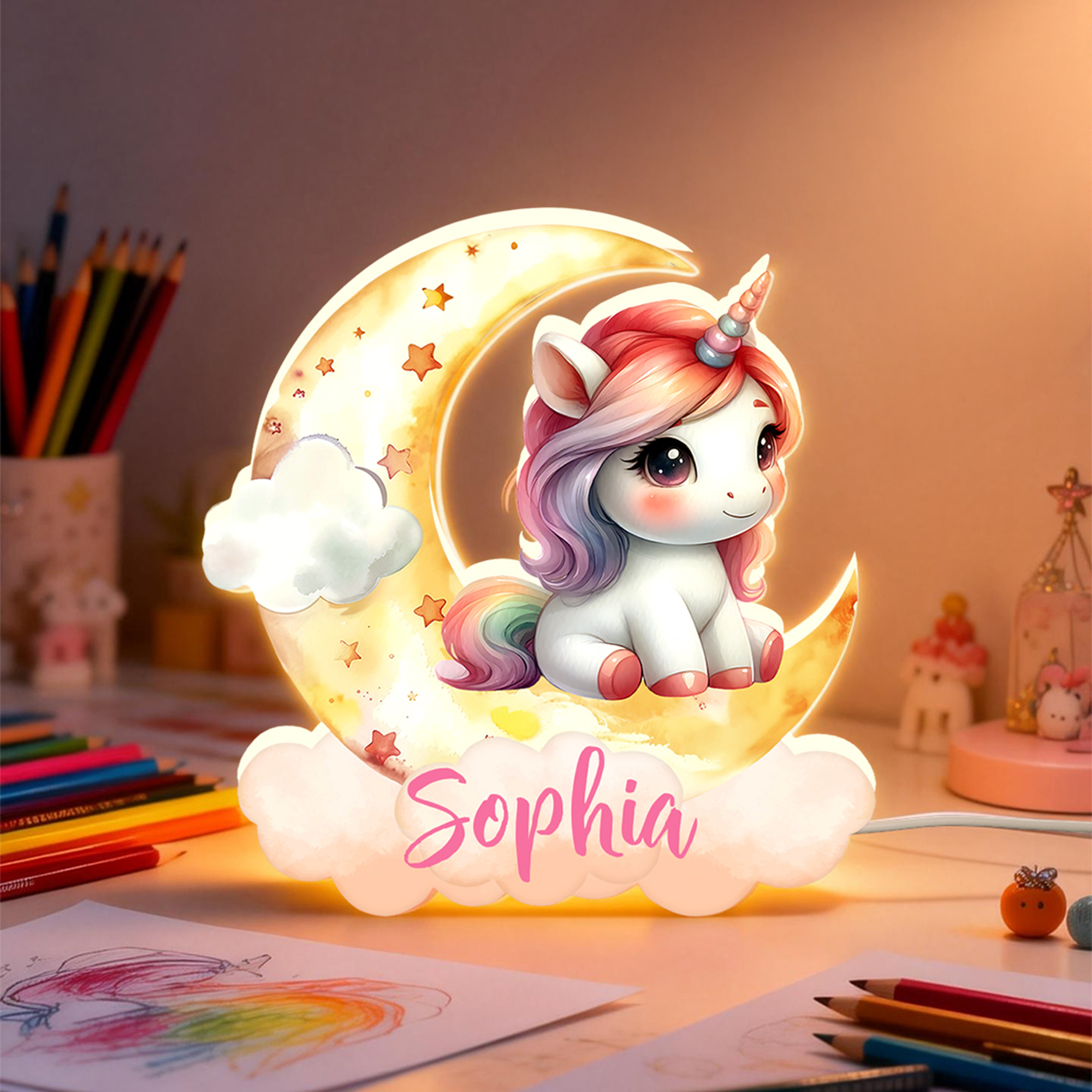 Veilleuse LED en acrylique personnalisée avec nom et motif de licorne - Décoration de chambre - Cadeau d'anniversaire pour les enfants