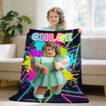 Personalized Neon Game Theme 3D Cube Style Photo Splatter Paint Soft Throw Blanket with Name Gaming Room Decor Birthday Gift for Gamer Kid