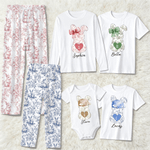 Personalised Toile De Jouy Easter Bunny Drawstring Pants Matching Lounge Pajamas Set with Name and Initial Funny Easter Holiday Gift for Family Kids