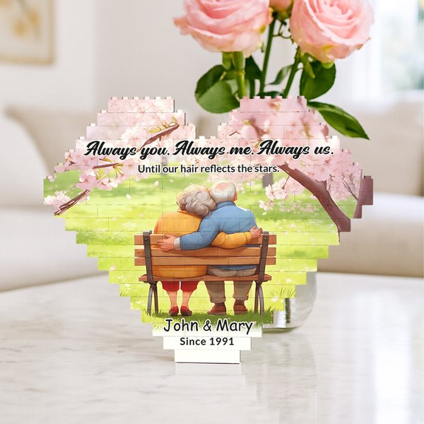 Personalised Cartoon Elderly Companion Heart-Shaped Building Brick Puzzles with Names and Year Valentine's Day Birthday Anniversary Gift for Couple