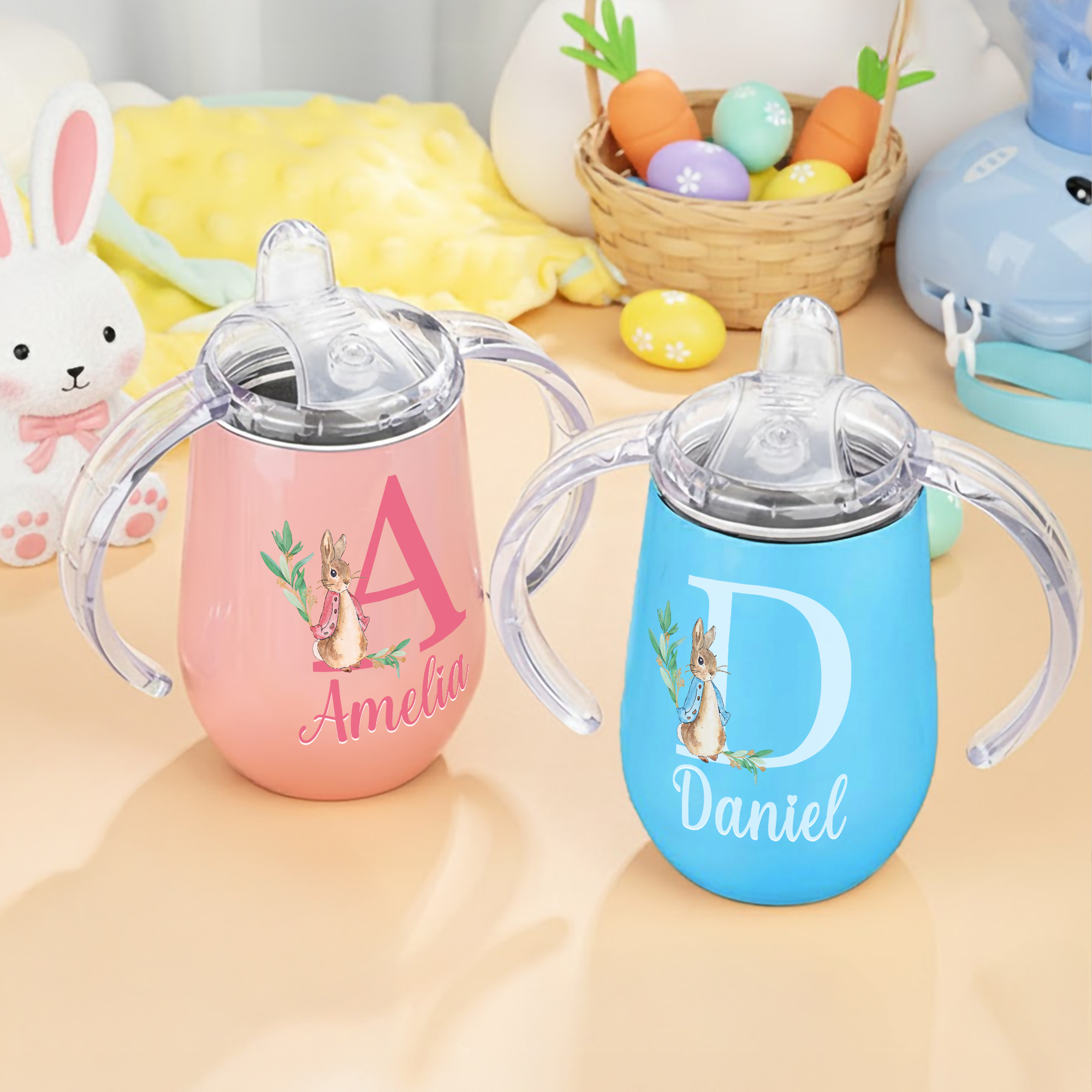 Lait de Pâques Personnalisé 10 oz Sippy Cup avec Nom et Initiales Double Poignée Baby Shower Birthday Easter Day Gift for Toddlers Kids