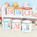 Personalised Cute Easter Bunny Initial 12 oz Coloured Rim Enamel Mug with Name Easter Birthday Gift for Boys Girls
