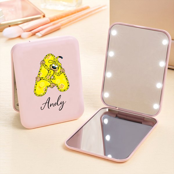 Personalized Cute Marsupilami Double-Sided 1X 2X LED Makeup Pocket Mirror with Name Birthday Anniversary Gift for Women | Callie × Marsupilami®