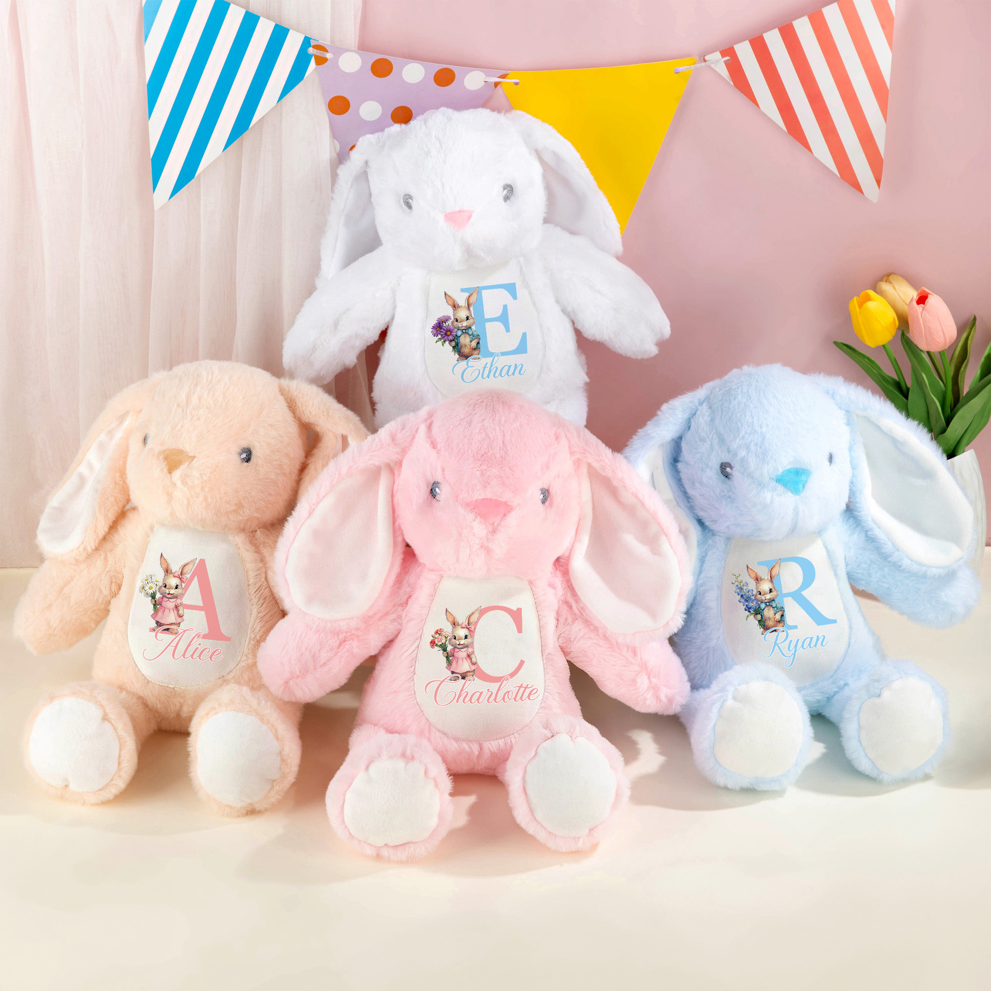 Peluche lapin de Pâques personnalisée avec initiale du nom et fleur de naissance Cadeau de Pâques pour nouveau-nés enfants