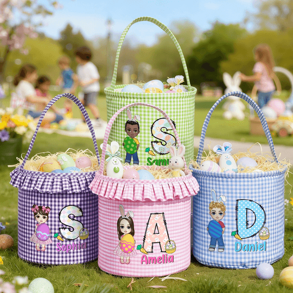 Personalised Cartoon Character Easter Basket with Name and Initial Easter Eggs Hunting Party Favor Gift for Boys Girls