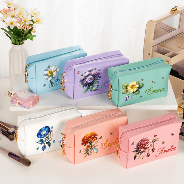 Personlig mångfärgad ädelsten Födelseblomma PU läder sminkväska med namn och dragkedja Resväskor Födelsedagspresent för kvinnor