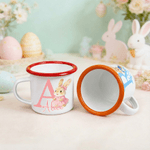 Personalised Cute Easter Bunny Initial 12 oz Coloured Rim Enamel Mug with Name Easter Birthday Gift for Boys Girls