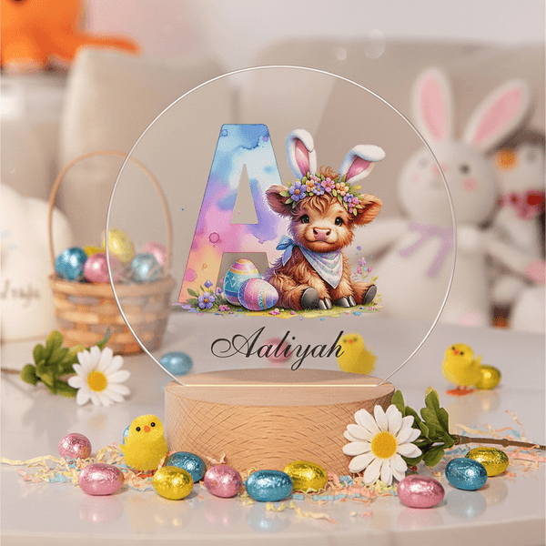 Personalized Bunny Ears Highland Cow Easter Egg LED Night Light with Name and Wooden Base Nursery Decor Easter Gift for Kids