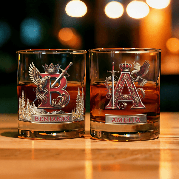 Personalized Eagle Crown Initial 10 oz Old Rock Whiskey Glass with Name Father's Day Birthday Gift for Men