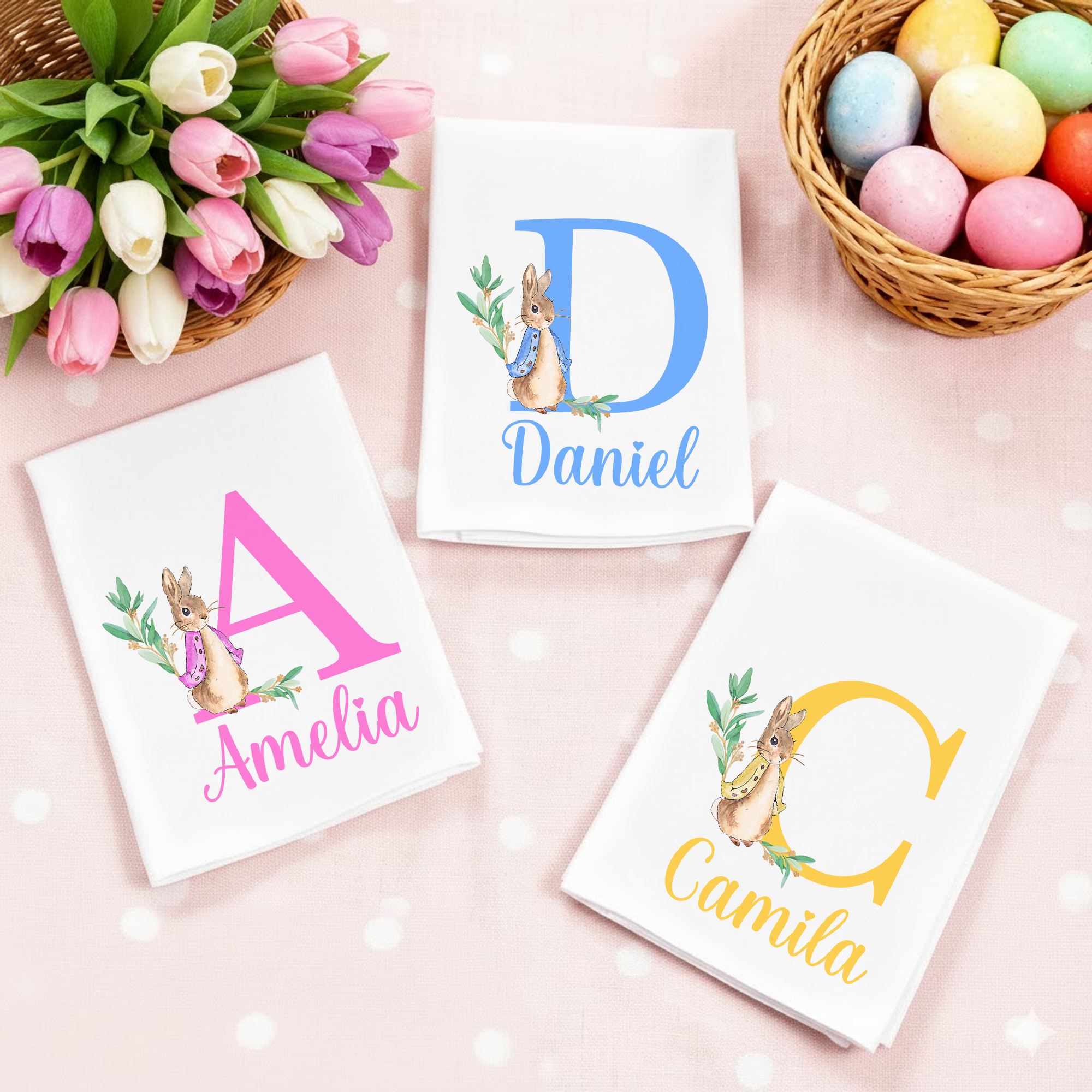 Serviette de table en lin personnalisée Peter Rabbit avec nom et initiale Décoration de table Cadeau de Pâques pour la famille et les amis